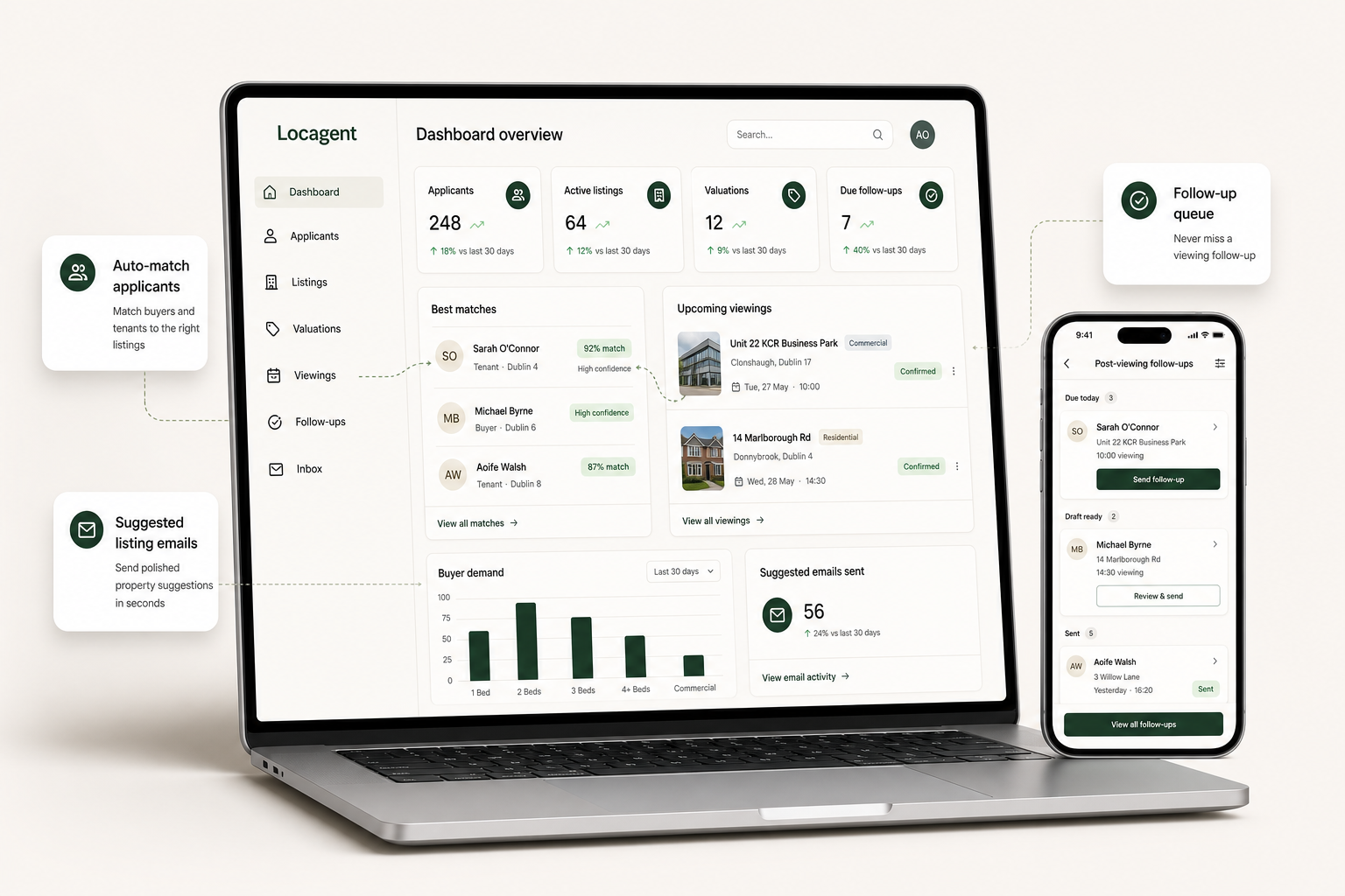 Locagent dashboard shown on laptop, tablet and phone